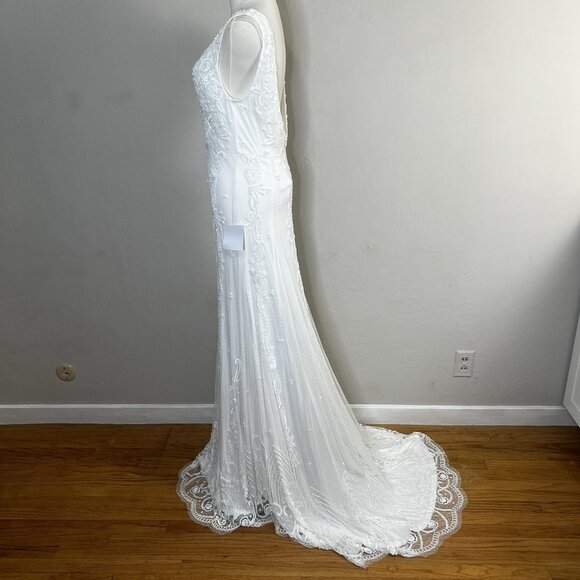 LULUS Wedding Dress Medium Passionate Romance White Beaded Sequin Mermaid Maxi - Picture 5 of 12